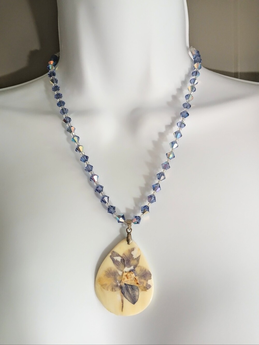 Handmade Blue Crystal Necklace with Floral Teardrop Pendant NWOT